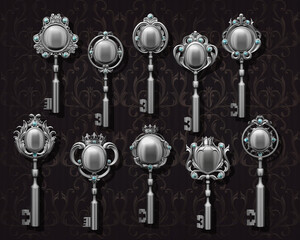 A collection of ten vintage ornate skeleton keys, each with its own intricate design and detailed engravings. The keys are made from silver metal and vary in size and shape. 3D illustration 