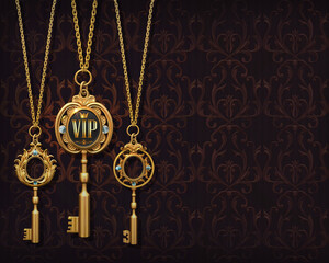 3D illustration of three vintage golden skeleton keys, each with intricate design. The keys are attached to delicate gold chain necklaces. The middle key is marked with the sign V.I.P.