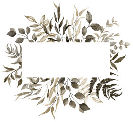 Leaf frame with brown and grey leaves. Dry flowers and greenery border. Boho floral card. Watercolor botanical painting made in a neutral color palette. PNG clipart. - 566662009