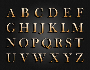 Golden english alphabet on a gray background.