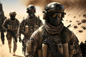 Special forces. Soldiers in the desert - obrazy, fototapety, plakaty