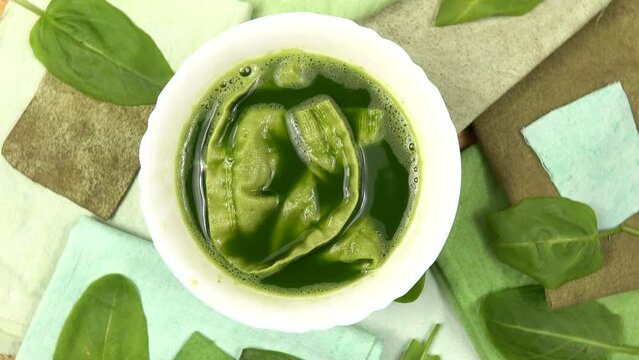 Bowl with decoction of sorrel leaves, and fresh sorrel leaves are on cotton fabrics in green tones. Set of samples of cotton fabric in green gradient, background. Natural dyeing for fabrics, DIY