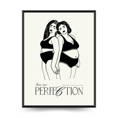 Feminism body positive poster template, wall art with minimalistic female figure, love to own figure, female freedom, girl power isolated vector illustration. Abstract body Art design for print, cover