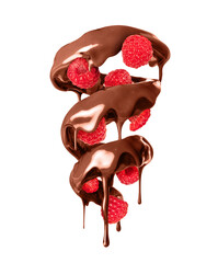 Melted chocolate with raspberries in a swirling shape isolated on a white background