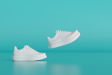 stylish white sneakers on a turquoise background. 3D render