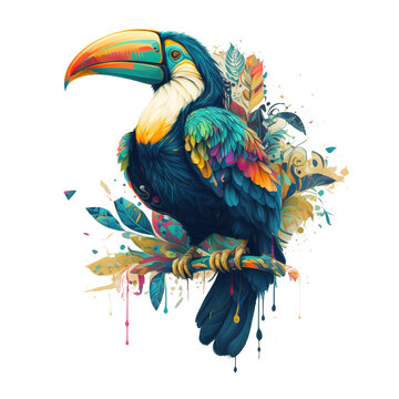 Colorful vivid Toucan tropical bird illustration on transparent background