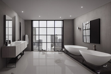 Obraz na płótnie Canvas Luxury bathroom with marble. Modern interior hotel or home design with clean and elegance space. Natural lighting window. Generative AI illustration