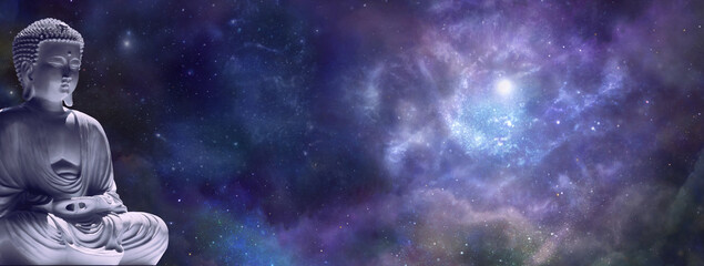 Mindfulness Buddha sitting gazing out into deep space - lotus position meditating buddha on left...