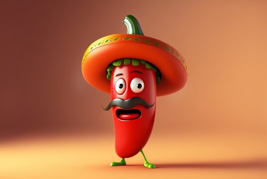 Cartoon character of chili pepper in a sombrero with a mustache. Generated by ai.