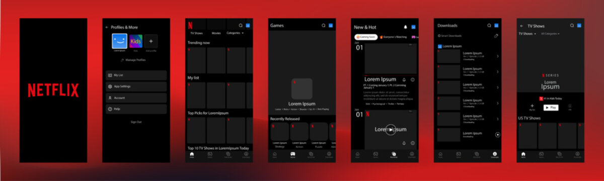 Netflix interface. Netflix screen social media, social network interface template. Homepage, netflix, new and hot, subscription, profile. Gradient background. Editorial