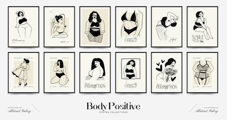 Fototapeta na wymiar Feminism body positive poster template, wall art with minimalistic female figure, love to own figure, female freedom, girl power isolated vector illustration. Abstract body Art design for print, cover