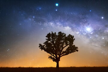 Naklejka na ściany i meble A tree silhouette with stars and a nebula. Generative AI