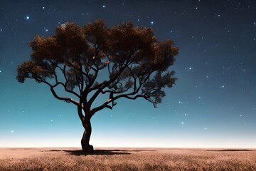 Fototapeta na wymiar A tree silhouette with stars and a nebula. Generative AI