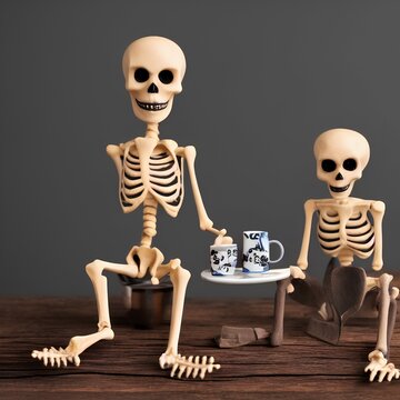 Couple skeleton toys sitting on coffee cup on table wood in coffee shop with black background - generative ai