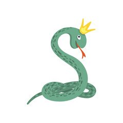 Spooky snake in crown vector illustration. Cartoon drawing of funny Halloween character isolated on white background. Halloween, fantasy concept