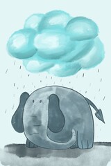 cute elephant with rainy cloud, watercolor cartoon
