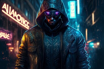 a science fantasy 80’s dark cyberpunk urban fantasy, large vigilante in vigilante-style clothes. generative AI