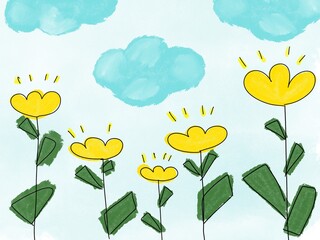 cute watercolored flowers with clouds, cute cartoon