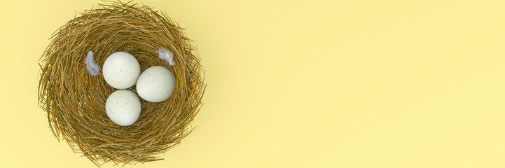 Three bird eggs in a basket on a yellow background 3d render