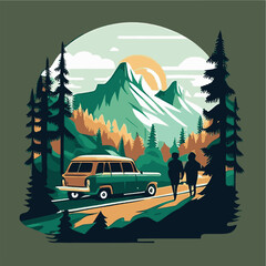 Travelers in the forest, car on the road in the forest, travel in the forest 1