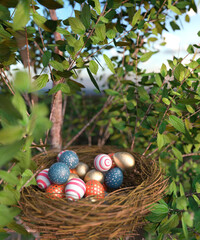 Vibrant patterned easter eggs in a nest in a tree at sunset concept 3d render