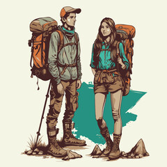 Travelers standing together, Man and woman with backpacks 1