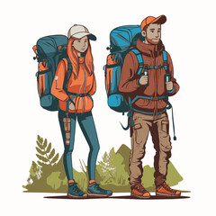 Travelers standing together, Man and woman with backpacks