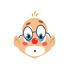 Shocked clown wearing glasses vector illustration. Facial expression of cartoon character with eye and mouth makeup isolated on white background. Emotions, circus concept