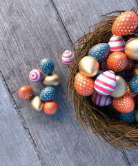 Vibrant patterned Easter eggs in a nest on a wooden table looking down 3d render