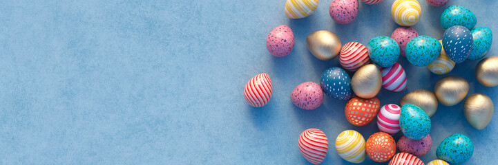 Multi coloured Easter eggs on a blue table panoramic 3d render