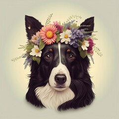 Border Collie with flowers on her head