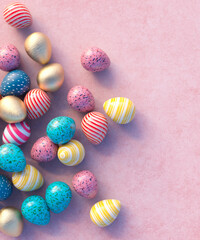 Multi coloured Easter eggs on a pink table panoramic 3d render