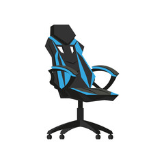 Chair for gamer or modern office chair vector illustration. Drawing of computer chair, comfortable equipment for gaming isolated on white background. Furniture, gaming, comfort concept © SurfupVector