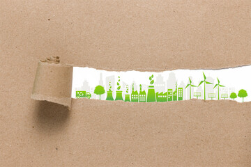 Sustainable development and ESG concept with ripped recycle brown paper foreground