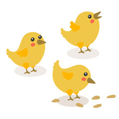 Cute cartoon chicken set. Funny yellow chickens in different poses, vector simple illustration. Chickens for Easter. Chicken to the seeds, looks at the top, screams. Isolated