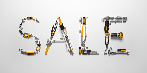The "SALE" word laid out of construction tools. Creative 3d render illustration for design templates on engineering, construction, interior finishing, repair and maintenance themes.