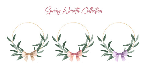 Set of vector watercolour olive wreath with bow. Spring decorative element. Home decor. Wedding with olive colours