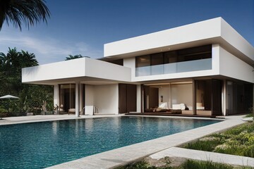 Fototapeta premium Luxury pool villa spectacular contemporary design digital art real estate , home, house and property, Generative AI illustration.