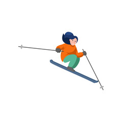 Active woman skiing. Female character with skiing equipment skiing, sliding, jumping cartoon vector illustration. Winter activities concept