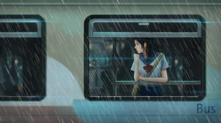 Girl Riding A Bus On A Rainy Day Illustration