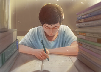 Fototapeta na wymiar Student Who Is Studying Hard Illustration