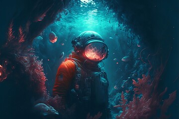 Scuba diver underwater in eerie water surrounded by strange sea creatures. generative ai