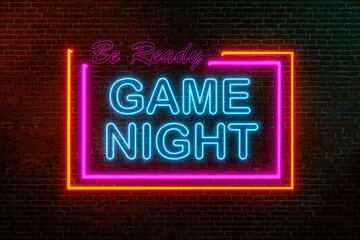 Game night, winning and loosing. The word game night in blue neon letters. Brick wall with orange...