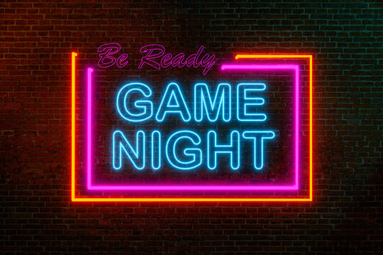 Game night, winning and loosing. The word game night in blue neon letters. Brick wall with orange and pink neon tubes. Bingo., casino, bet, game night and gambling concept. 3D illustration