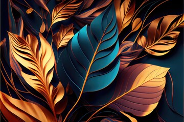 Blue and golden metallic leaves. Decorative plant, shiny metallic, foliage illustration, floral design element, herbal symbol. Ai generated