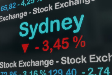 Fototapeta premium Sydney stock exchange moving down. Australia, Sydney negative stock market data on a trading screen. Red percentage sign and ticker information. Stock exchange and business concept. 3D illustration