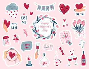 Valentine's day cute sticker pack. Wedding and love concept. Minimalistic holiday's clip art. Hand drawn vector illustrations in flat style.
