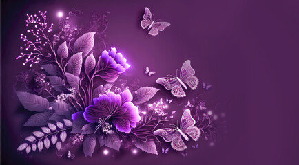 Glowing purple background with Flowers, butterflys. Generative AI