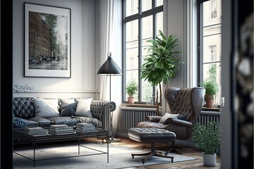 Fototapeta na wymiar Living room, interior design. Generative AI