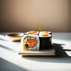 Photo of a sushi with salmon under perfect light 
